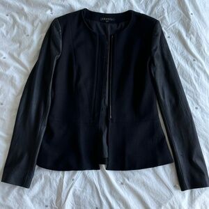 Theory Black Wool Leather Lined Blazer Jacket Zip Front Fall Style Sz 8